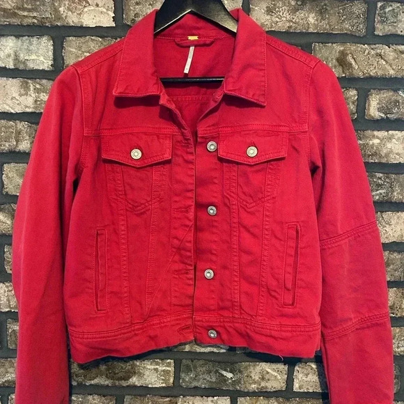 Free People Red Denim Jacket Red Jean Jacket Size Small - Picture 1 of 6